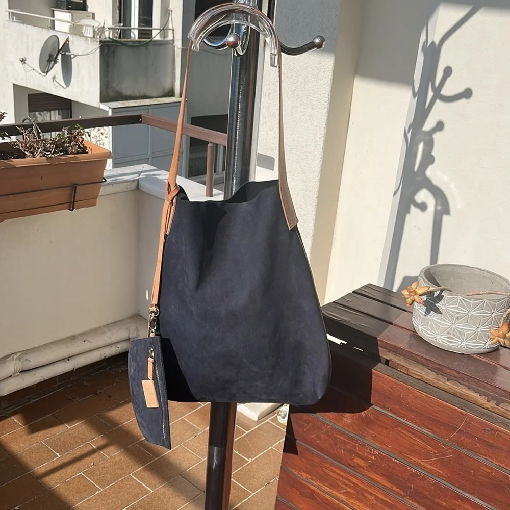 Navy Blue Suede Hobo Shoulder Bag with Tan Strap